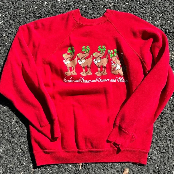 Vintage Drunk Reindeer Christmas Crewneck Sweatshirt red dasher dancer blitzen M - Picture 1 of 3